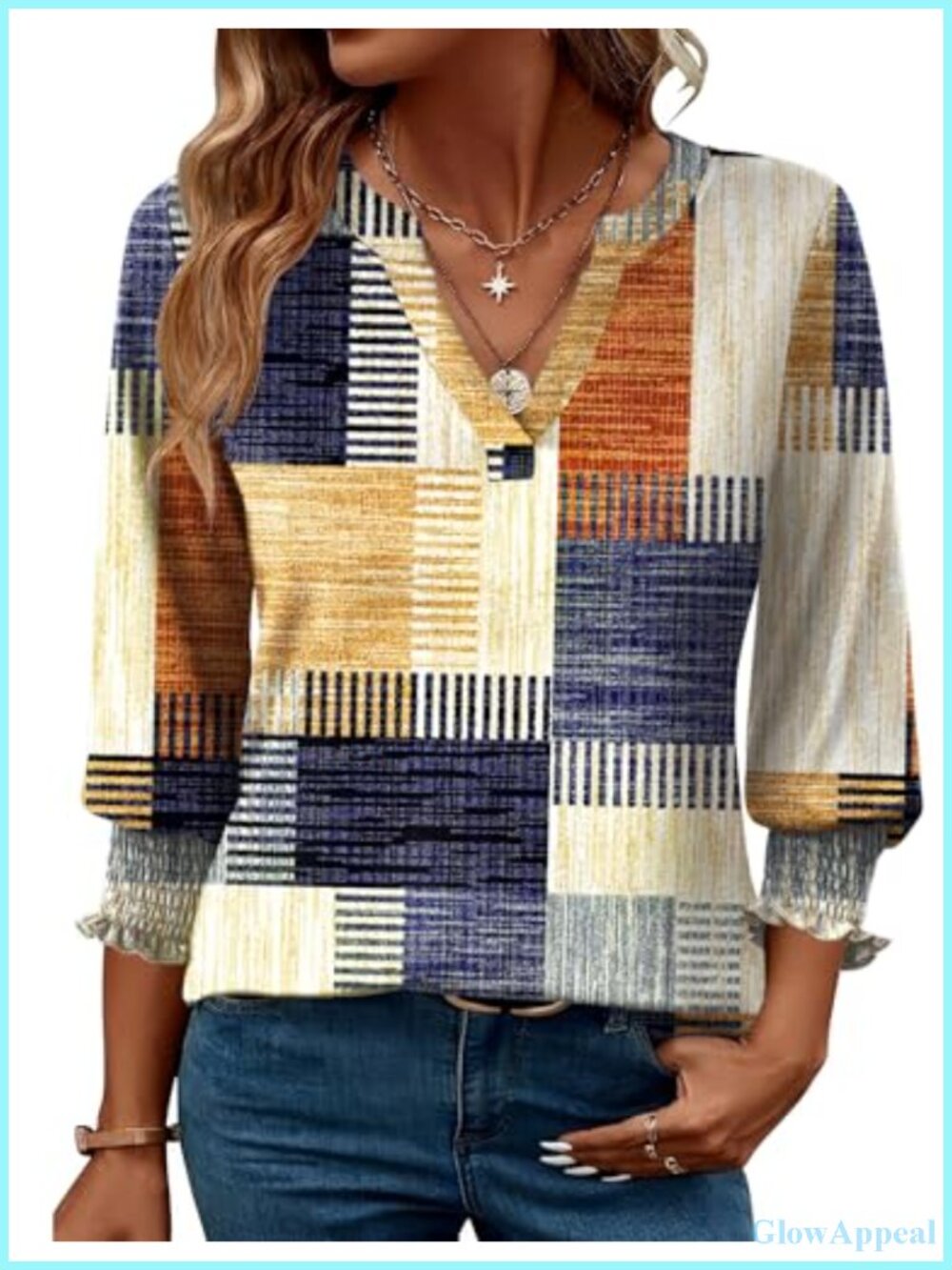 Women's 3/4 Sleeve V-Neck Smocked Ruffle Cuff Tunic Blouse